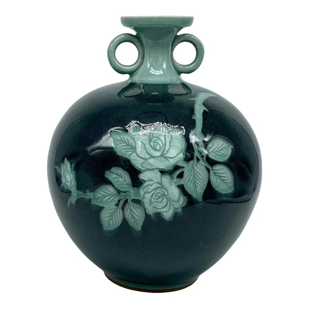 Vtg NIKKO Japan Celadon Crackle Vase Raised Rose Relief Double Handle Pottery 7